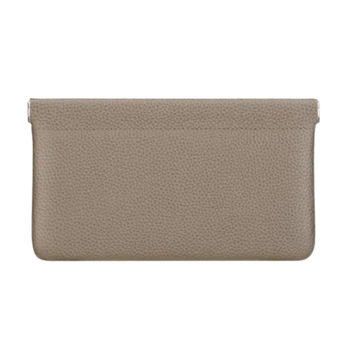 Gray cowhide leather wallet – rectangular pouch with pebbled texture and minimalist taupe finish