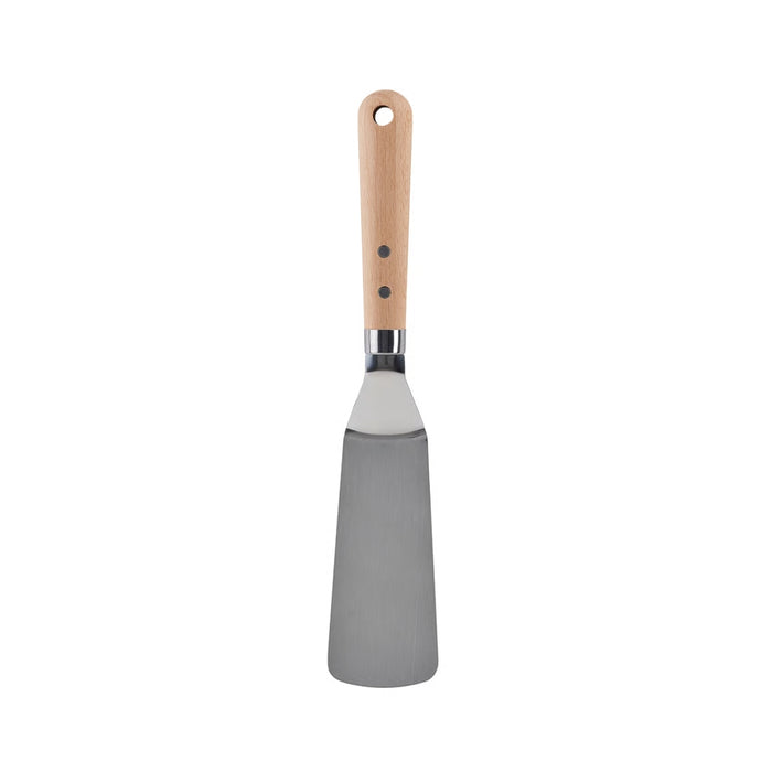 Gray spatula with a wooden handle on a white background