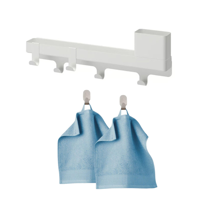 IKEA ALTARLIDEN Hook Rack with Shelf (White) + VINARN Washcloths 2-Pack (Blue) – Bathroom & Entryway Set