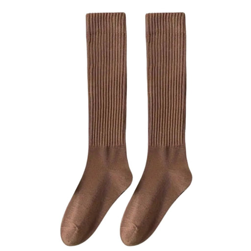 Pair of brown knee-length ribbed socks with smooth foot section