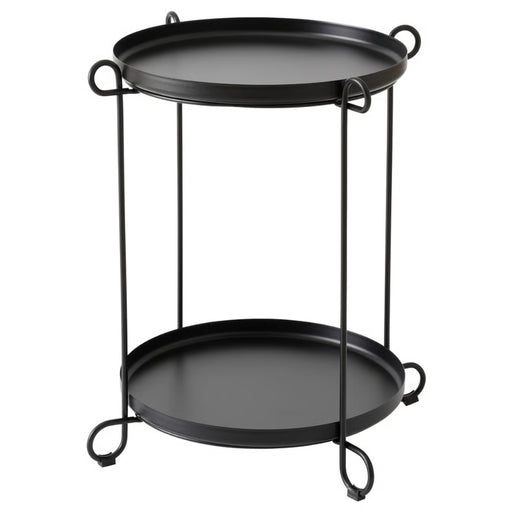 Black metal side table with two round shelves on a white background