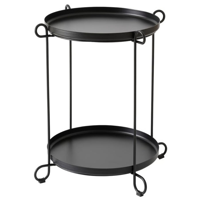 Black metal side table with two round shelves on a white background