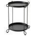 Black metal side table with two round shelves on a white background