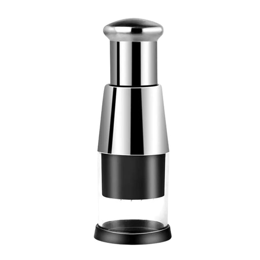 Manual garlic crusher and vegetable chopper with black handle, tapered metal press, and clear lower container—16 cm kitchen tool – 1600000766929 13074717.