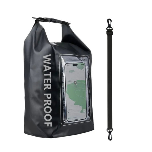 Black waterproof bag with a phone pocket and strap on a white background