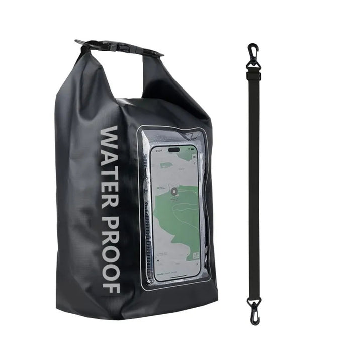 Black waterproof bag with a phone pocket and strap on a white background