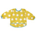 IKEA KLADDIG bib in yellow/white with long sleeves and elastic cuffs; features playful white sun pattern on yellow fabric with blue trim – ideal for protecting toddlers’ clothes during meals or messy play - 00607145