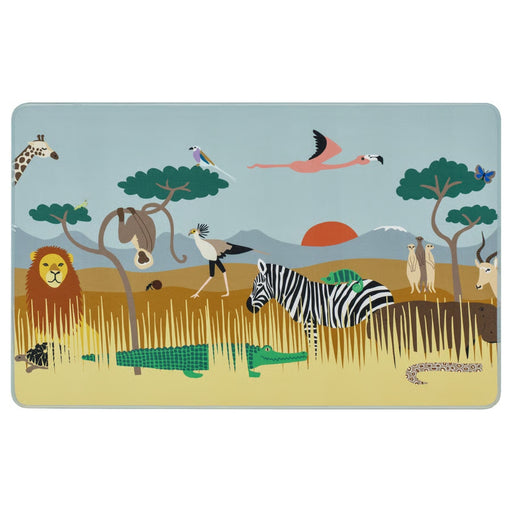 It is a colorful illustration of animals in a savanna setting