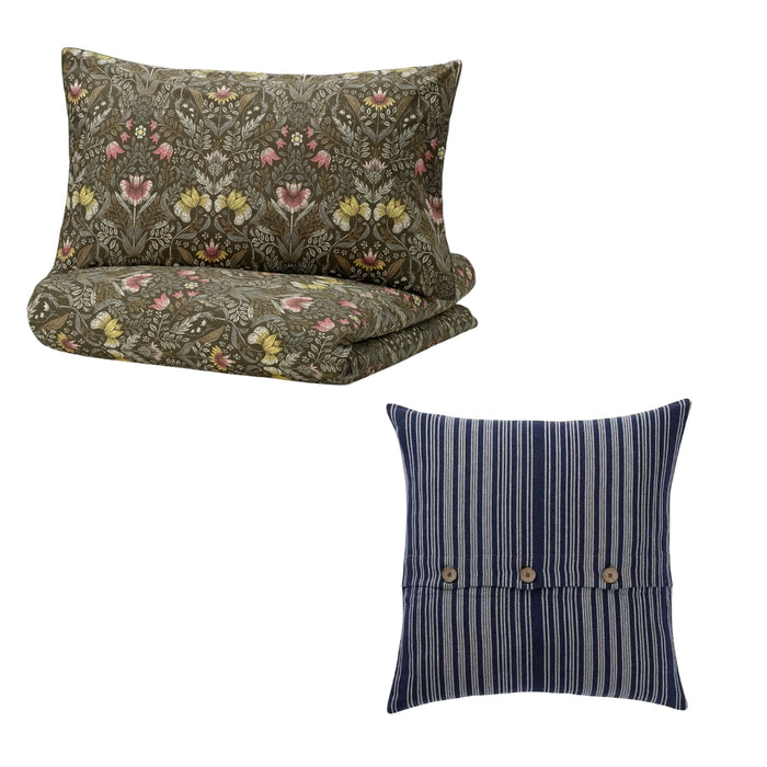 IKEA KÄRRDUNÖRT Duvet Cover and Pillowcase Dark Green Multicolour 150x200/50x80 cm with ALVARMALORT Cushion Cover Blue Stripe 50x50 cm