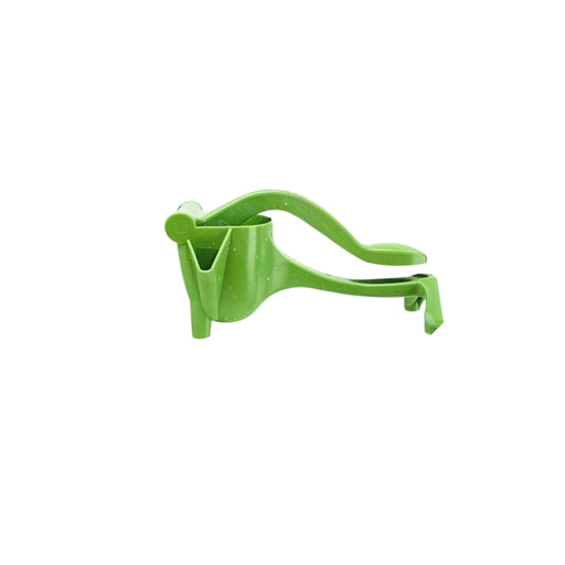 A bright green plastic citrus juicer with a lever handle, shown on a plain white background.