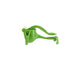 A bright green plastic citrus juicer with a lever handle, shown on a plain white background.