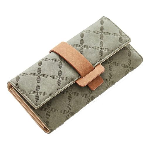  Green women’s wallet – geometric oval pattern with tan strap closure, textured finish and stitched edges