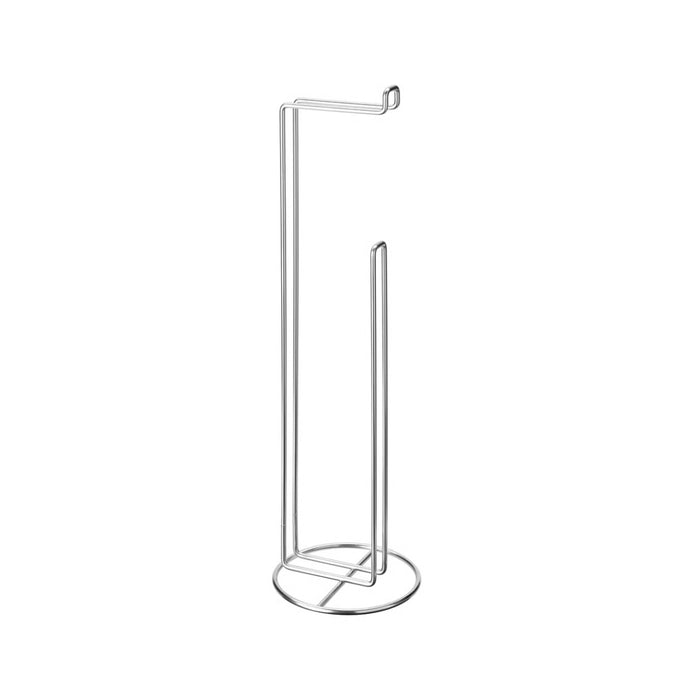 Metal stand with a circular base and vertical rod on a white background