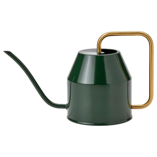 IKEA VATTENKRASSE watering can in glossy black-green body with sleek gold rectangular handle and long spout, shown against plain background