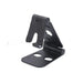Black metal phone holder with folding and rotating hinge, cut-out base for cable access, and dual support arms—compact adjustable stand – 1600006845076 13109076.