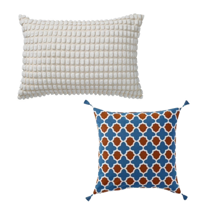 Ikea SVARTPOPPEL Cushion Cover, Off-White, 40x58 cm (16x23) with INGVEIG Cushion Cover, Geometric/Brown blue/white50x50 cm