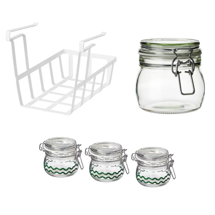 IKEA Pantry Organization Set: PÅLYCKE Under-Shelf Clip-on Basket & KORKEN Glass Jar Set (0.5L + Patterned Green 3-Pack)