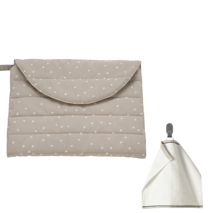 IKEA LEN Babycare mat, beige/dot pattern foldable, 70x35 cm (27 1/2x13 3/4 ") with VIKFJÄRD Washcloth, white, 30x30 cm