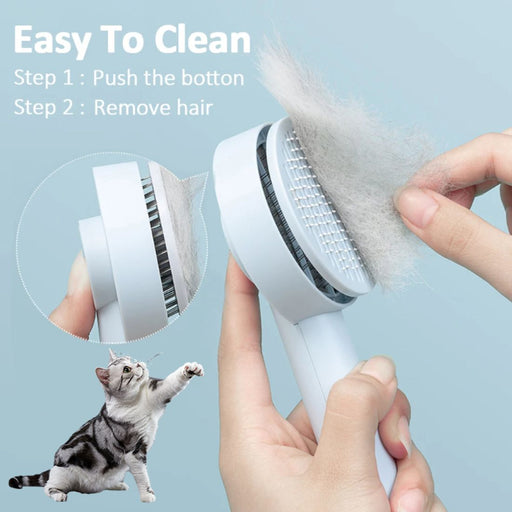 Blue pet needle comb hair remover brush with self-cleaning function for dogs and cats. Features fine metal bristles for effective grooming and a massage effect. Push-button mechanism allows easy fur removal. Comfortable grip for effortless handling-
160000416583610096546