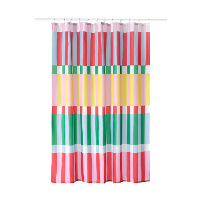 Colorful striped shower curtain on a white background