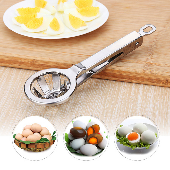 Stainless steel hexagonal egg slicer cutting hard-boiled egg into perfect shapes
