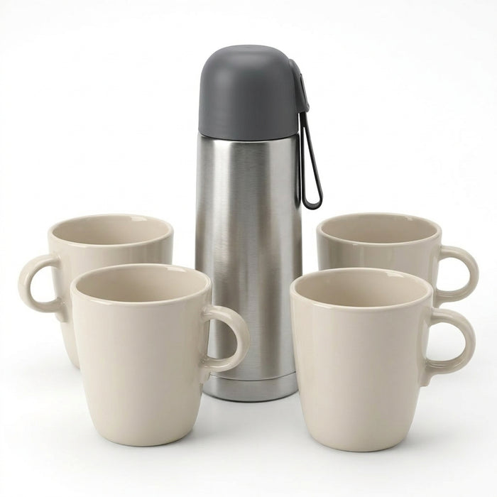 IKEA Beverage Set - PINCETTFISK Stainless Steel Vacuum Flask (0.5L, Silver) & FÄRGKLAR Glossy Beige Mugs (4-Pack, 37cl)