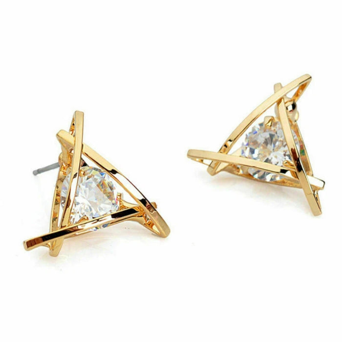 Triangle gold earrings – geometric stud design with clear triangular gemstone in gold frame, modern European style

