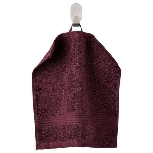 IKEA FREDRIKSJÖN washcloth in deep red, 30x30 cm (12x12"); shown hanging by loop on hook – features soft texture with ribbed border for elegant bathroom decor and everyday use - 70552762