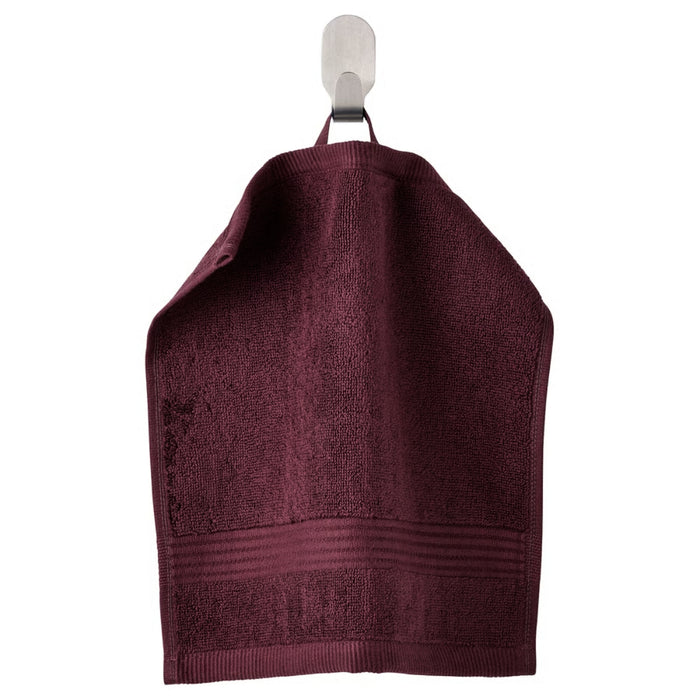 IKEA FREDRIKSJÖN washcloth in deep red, 30x30 cm (12x12"); shown hanging by loop on hook – features soft texture with ribbed border for elegant bathroom decor and everyday use - 70552762