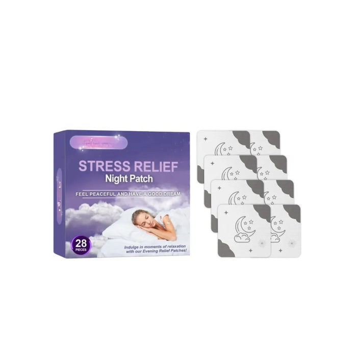 Stress relief night patch packaging with three patches on a white background
