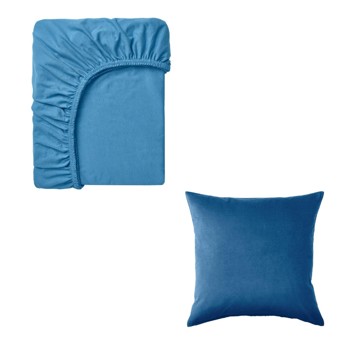 IKEA VÅRVIAL Fitted Sheet Blue 140x200 cm with SANELA Cushion Cover Deep Blue 50x50 cm