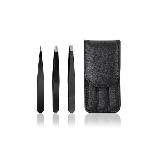 Set of three black tweezers with varied tips beside black leather case – precision grooming tools for plucking and trimming – 1600002596426 13958911