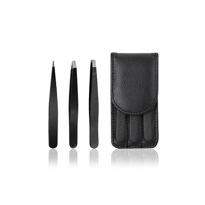 Set of three black tweezers with varied tips beside black leather case – precision grooming tools for plucking and trimming – 1600002596426 13958911