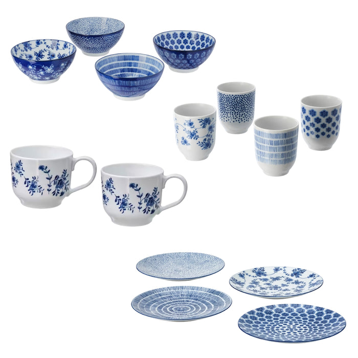 IKEA ENTUSIASM 14-Piece Tableware Set - Patterned Blue Bowls, Plates & Mugs
