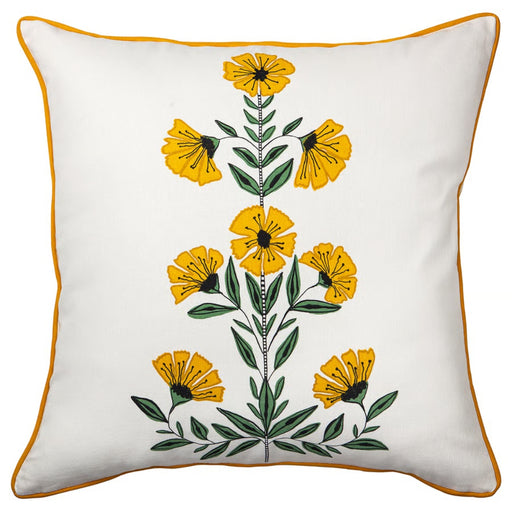 Decorative pillow with yellow floral design on a white background