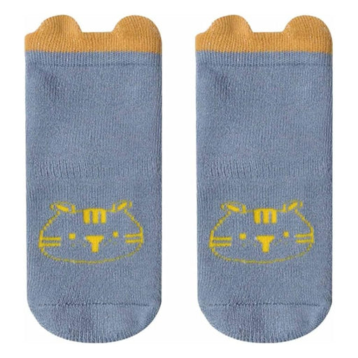 Thick Cartoon Baby Socks – Blue towel-soft socks with mustard yellow cat face design and ear accents, size M -