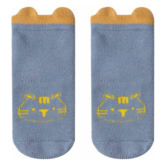 Thick Cartoon Baby Socks – Blue towel-soft socks with mustard yellow cat face design and ear accents, size M -