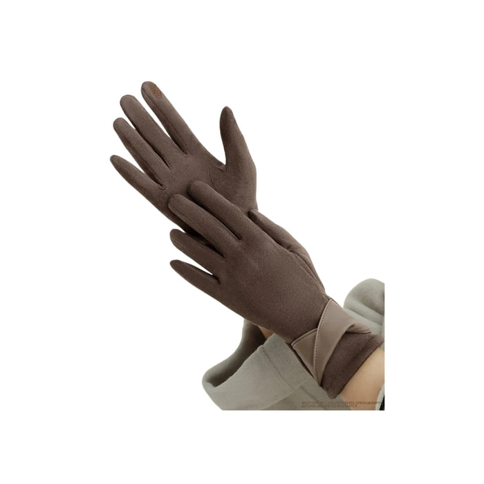 Brown gloves worn by a person on a white background