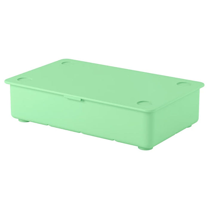 IKEA GLIS box with lid in light green, shown closed with rounded corners and four circular stacking indents on top