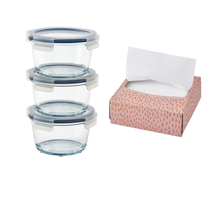 IKEA 365+ Food container with lid, round/glass, 600 ml (20 oz) with VÅRFEST Paper napkin, patterned light pink/orange, 16x32 cm,