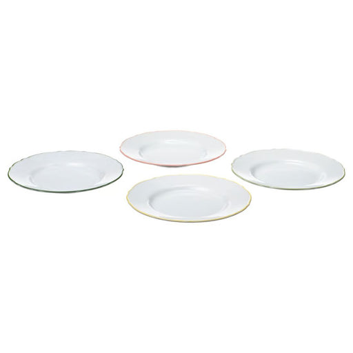IKEA UPPLAGA side plates in white with scalloped edges and pastel rims in green, pink, yellow, and mint