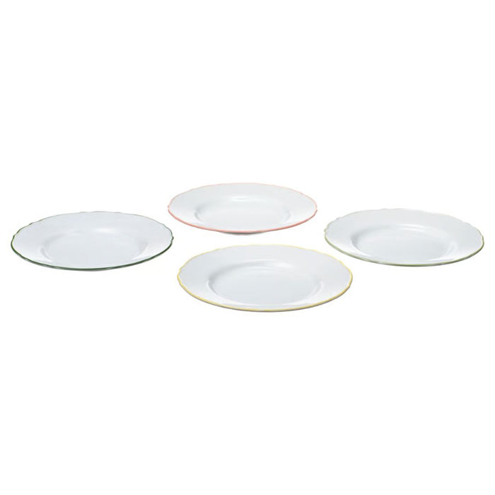 IKEA UPPLAGA side plates in white with scalloped edges and pastel rims in green, pink, yellow, and mint