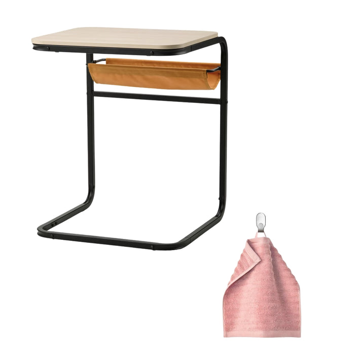 IKEA OLSERÖD Side Table Anthracite Birch Effect Dark Yellow 53x50 cm with FLODALEN Hand Towel Light Pink 30x30 cm