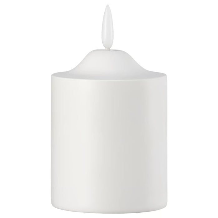 IKEA SMÅLOM LED pillar candle in white, shown unlit with smooth cylindrical body and flame-shaped tip for realistic appearance