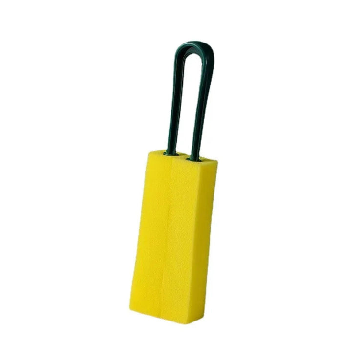Yellow rectangular sponge with dark green plastic handle – ergonomic design for scrubbing bottles, lids, and kitchen surfaces – 1598453485864 13972338