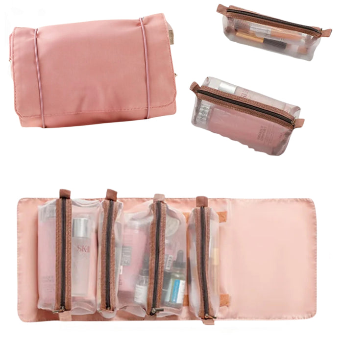 Digital Shoppy 4-in-1 Foldable Cosmetic Bag – Detachable Mesh Pouches for Women – Pink