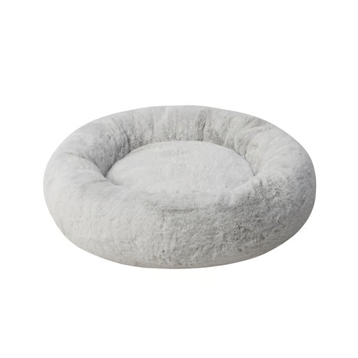 UTSÅDD pet bed, light grey, M – round shape with raised cushioned edge and plush faux fur surface. Creates a calming, cozy space for medium-sized pets – 70570582.