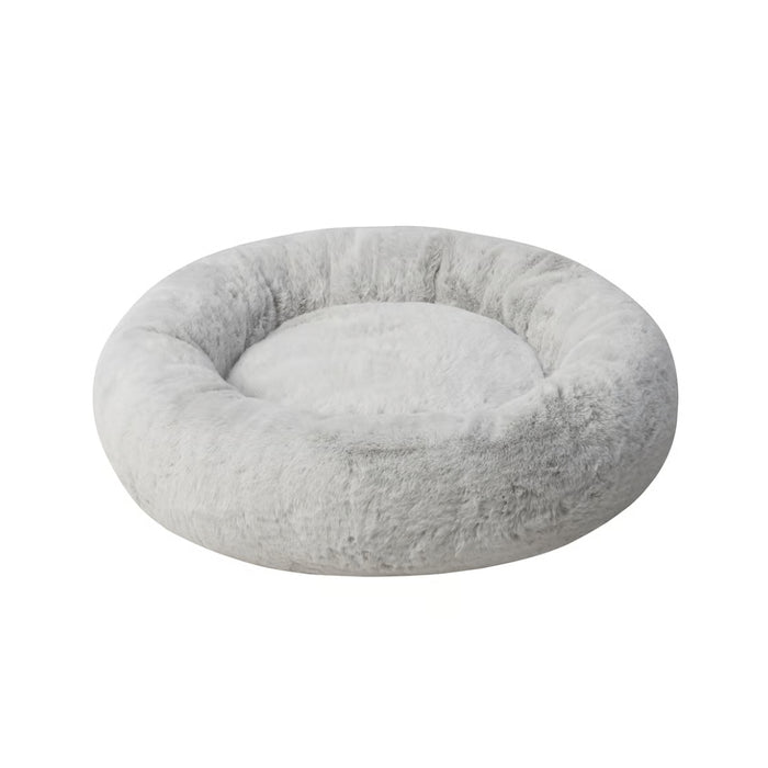 UTSÅDD pet bed, light grey, M – round shape with raised cushioned edge and plush faux fur surface. Creates a calming, cozy space for medium-sized pets – 70570582.