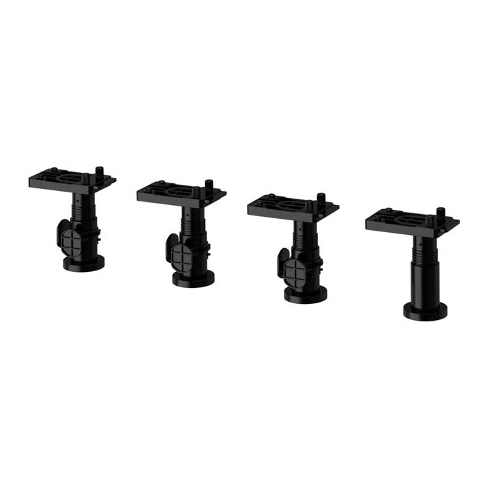 Set of four black adjustable stand bases on a white background