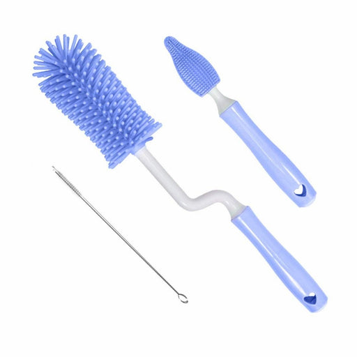 Set of three blue cleaning brushes on a white background